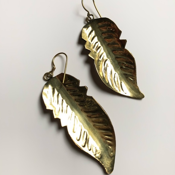 Tibetan Turquoise Inlay Feather Brass Earrings - Picture 3 of 6